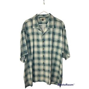Tommy Bahama Mens 100% Silk Plaid Button Up Shirt Short Sleeve Green Blue 2XL
